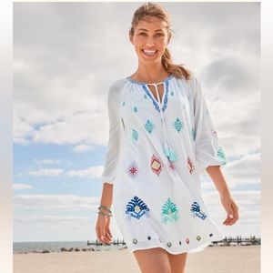 Watercolor Cotton-Voile Embroidered Split-Neck Dress